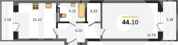 Миниатюра 1-комнатная квартира, 44.1кв.м