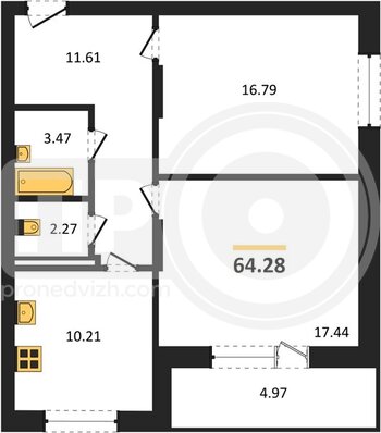 Миниатюра 2-комнатная квартира, 64.28кв.м