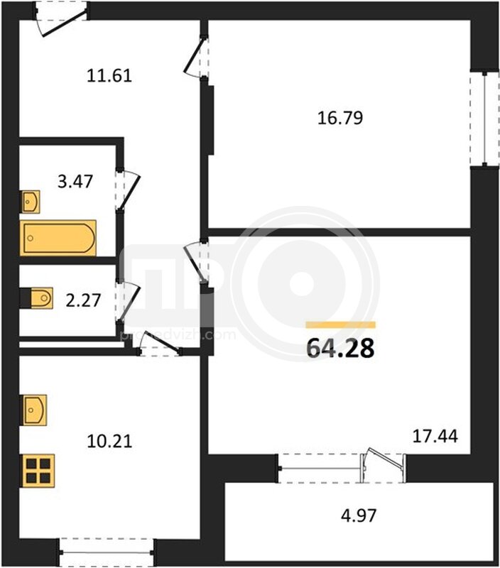 2-комнатная квартира, 64.28кв.м
