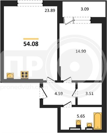 Миниатюра 1-комнатная квартира, 54.08кв.м
