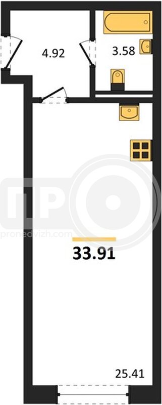 квартира-студия, 33,91кв.м.