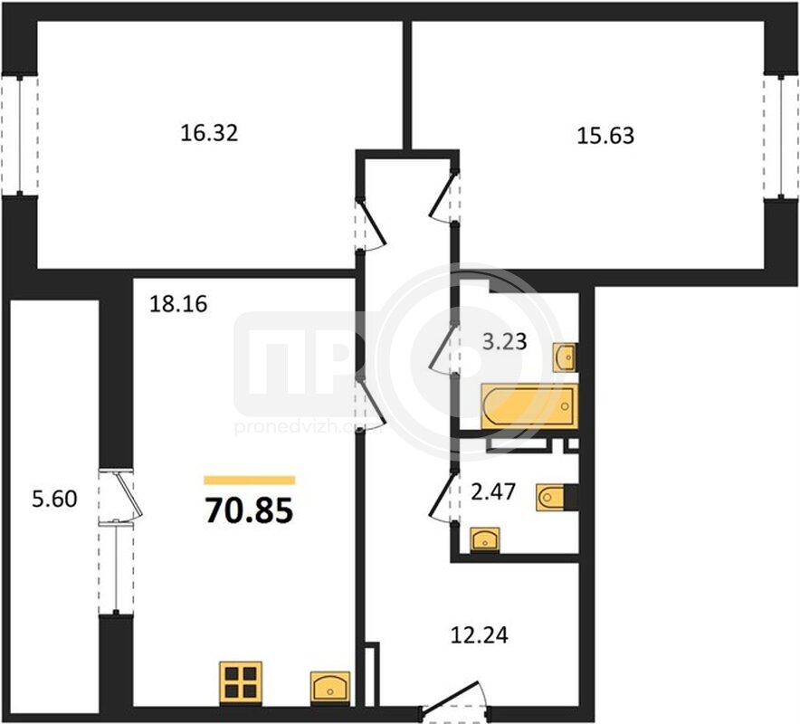 2-комнатная квартира, 70.85кв.м