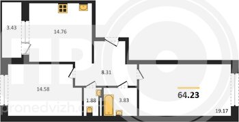 Миниатюра 2-комнатная квартира, 64.23кв.м