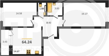 Миниатюра 2-комнатная квартира, 64.24кв.м