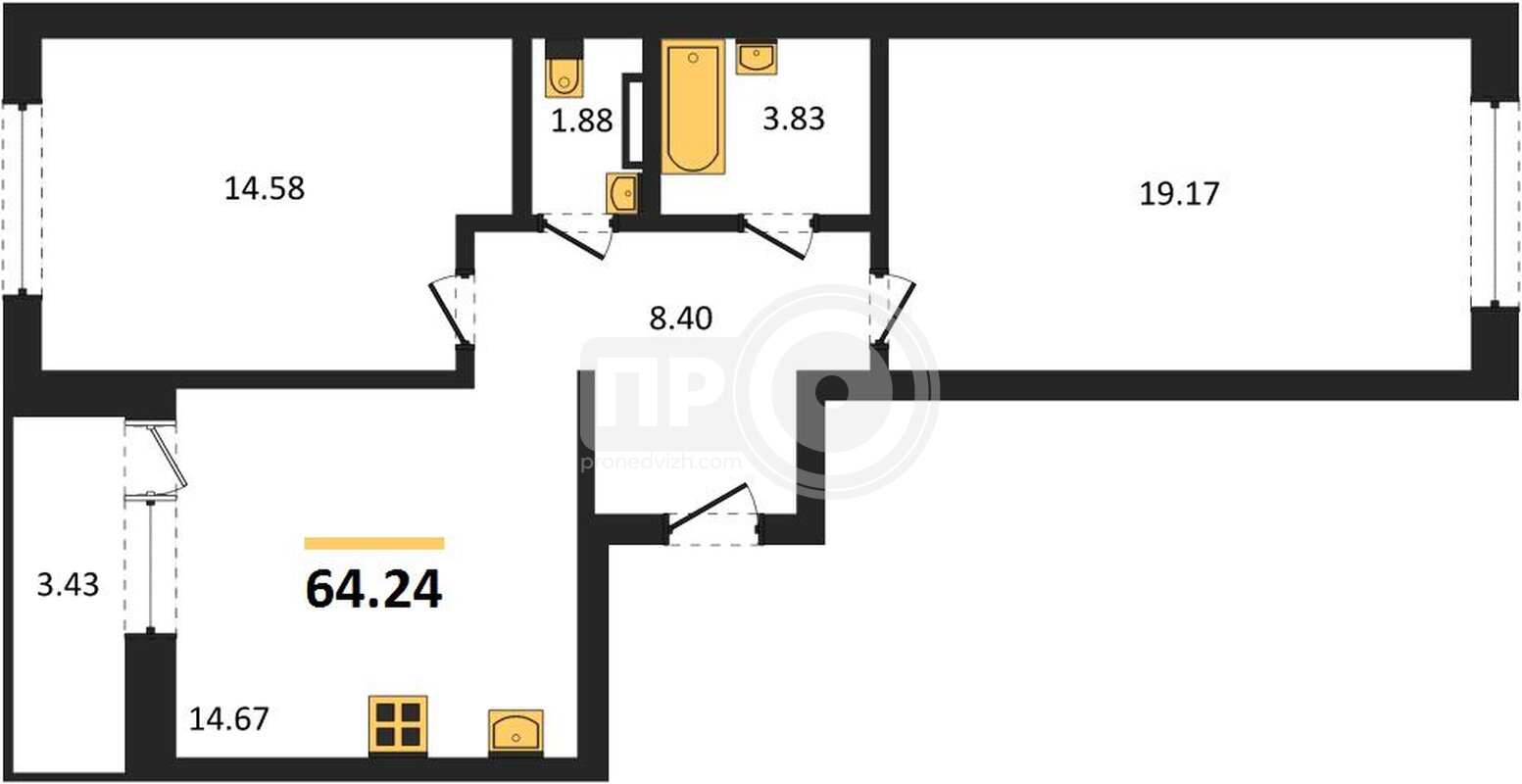 2-комнатная квартира, 64.24кв.м