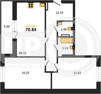 Миниатюра 2-комнатная квартира, 70.84кв.м