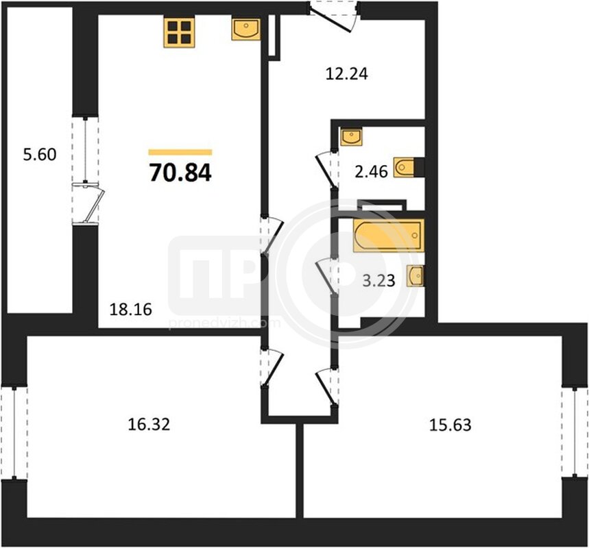 2-комнатная квартира, 70.84кв.м