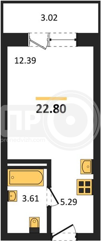 квартира-студия, 22,8кв.м.