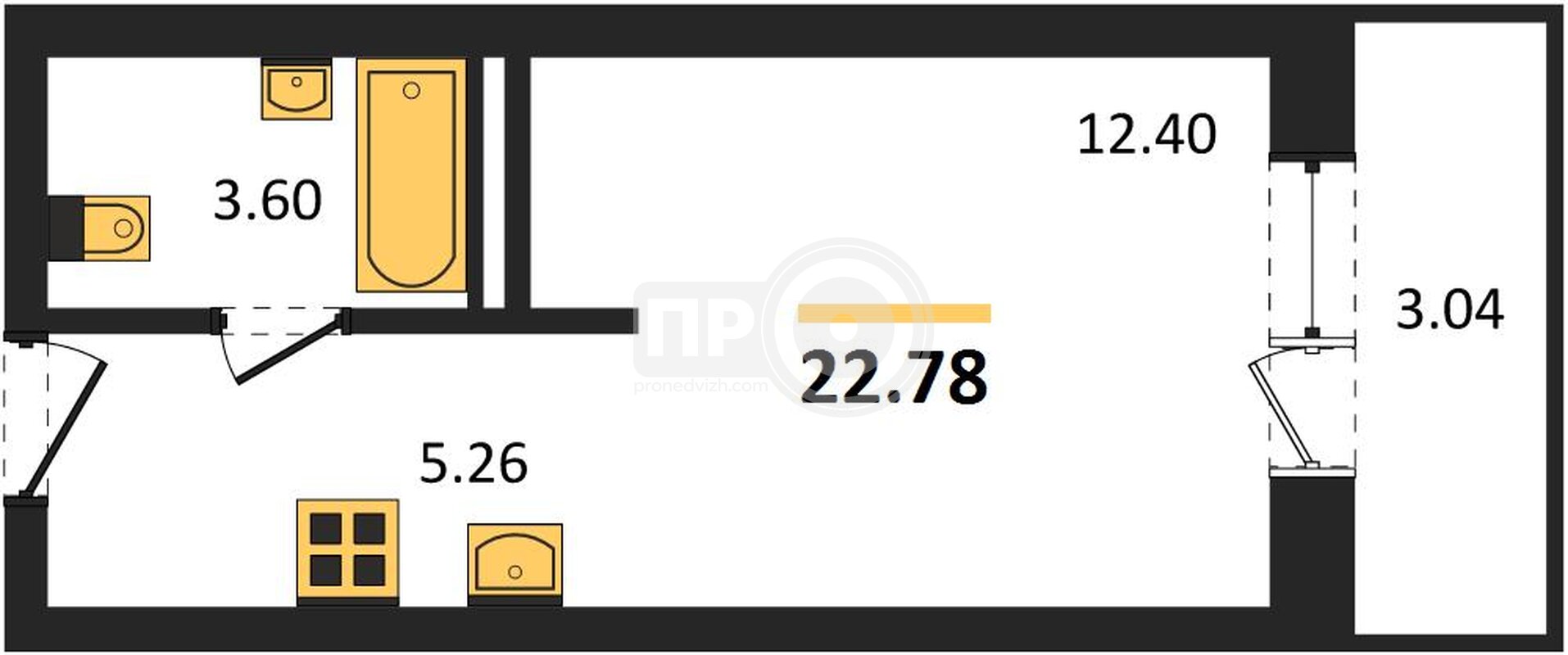 квартира-студия, 22,78кв.м.