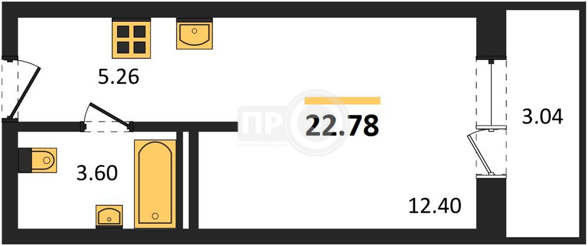 квартира-студия, 22,78кв.м.
