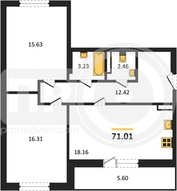 Миниатюра 2-комнатная квартира, 71.01кв.м