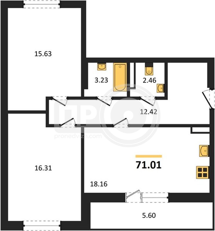 2-комнатная квартира, 71.01кв.м