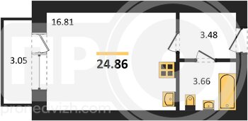 Миниатюра 1-комнатная квартира, 24.1кв.м