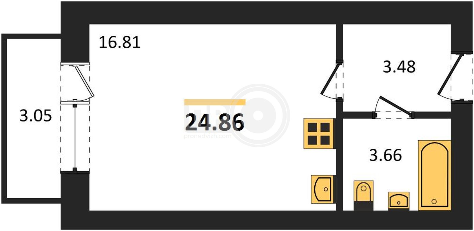 1-комнатная квартира, 24.1кв.м