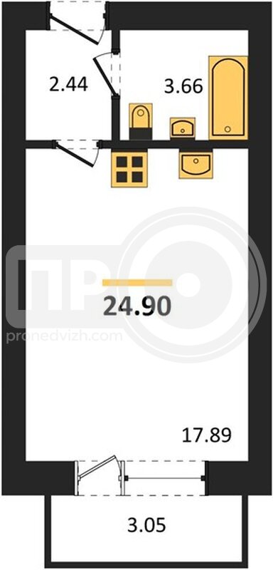 1-комнатная квартира, 24.4кв.м