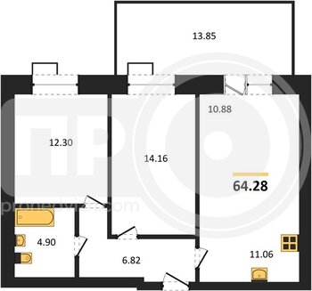 Миниатюра 2-комнатная квартира, 64.28кв.м
