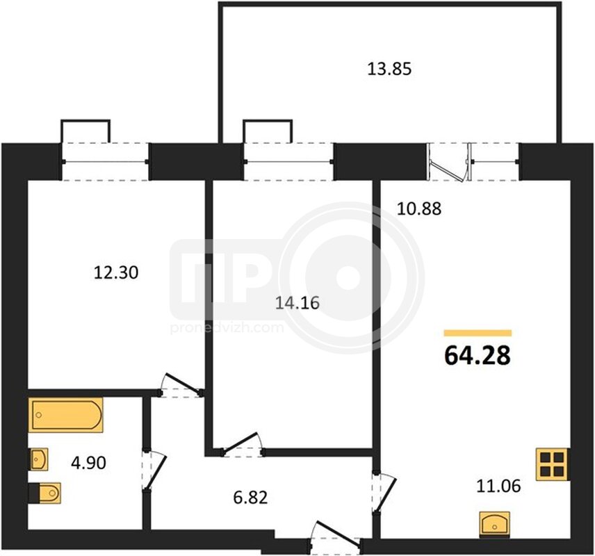 2-комнатная квартира, 64.28кв.м
