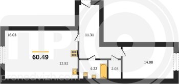 Миниатюра 1-комнатная квартира, 60.49кв.м