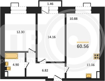 Миниатюра 2-комнатная квартира, 60.56кв.м