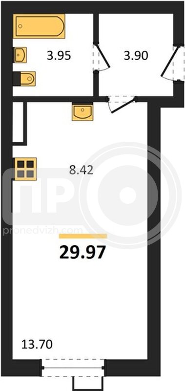 1-комнатная квартира, 29.97кв.м