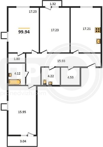 Миниатюра 3-комнатная квартира, 99.94кв.м