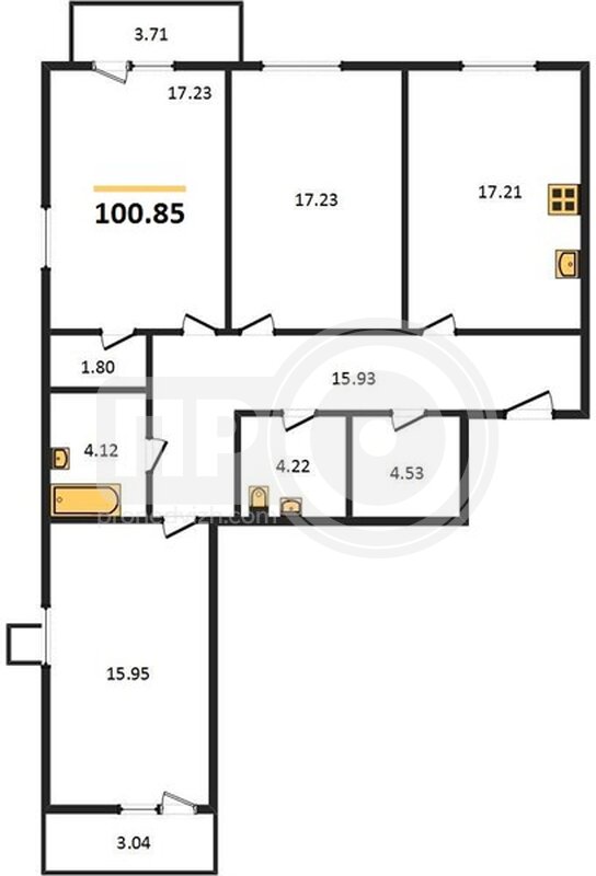 3-комнатная квартира, 100.85кв.м
