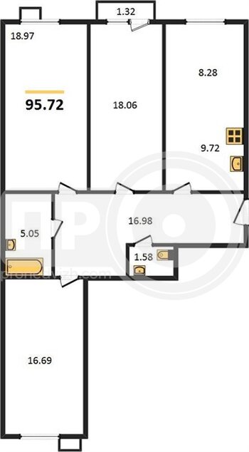Миниатюра 3-комнатная квартира, 95.72кв.м