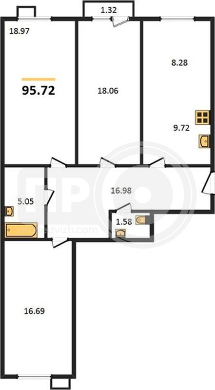 3-комнатная квартира, 95.72кв.м
