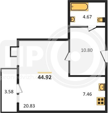 Миниатюра 1-комнатная квартира, 44.92кв.м