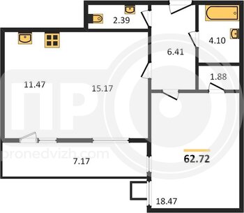 Миниатюра 1-комнатная квартира, 62.72кв.м