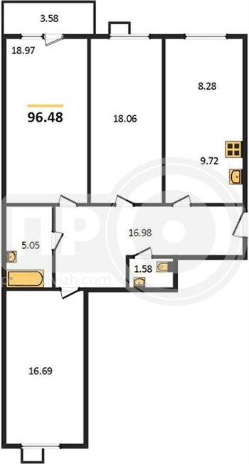 Миниатюра 3-комнатная квартира, 96.48кв.м