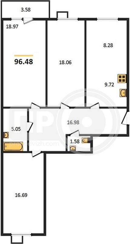 3-комнатная квартира, 96.48кв.м