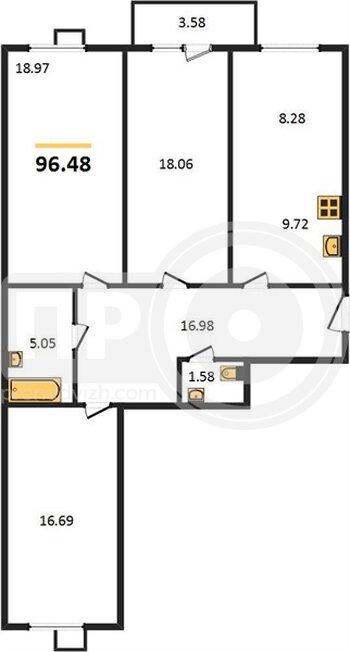 Миниатюра 3-комнатная квартира, 96.48кв.м