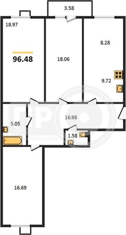 3-комнатная квартира, 96.48кв.м