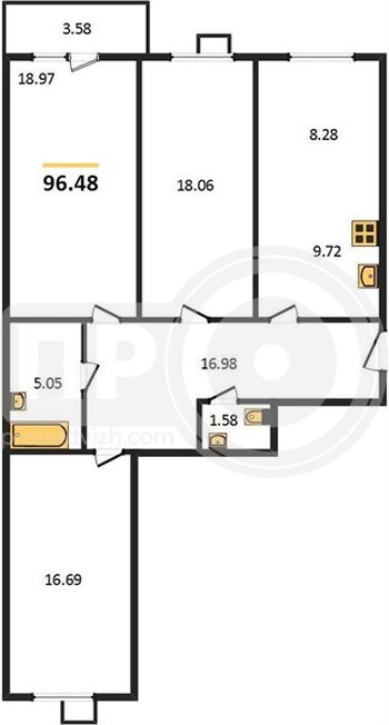 Миниатюра 3-комнатная квартира, 96.48кв.м