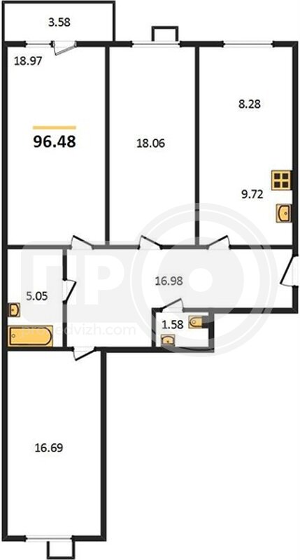 3-комнатная квартира, 96.48кв.м