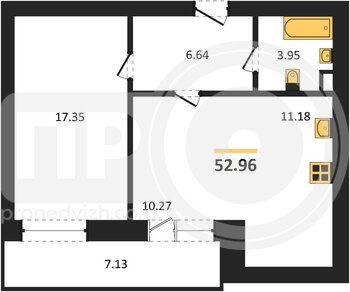 Миниатюра 1-комнатная квартира, 52.96кв.м