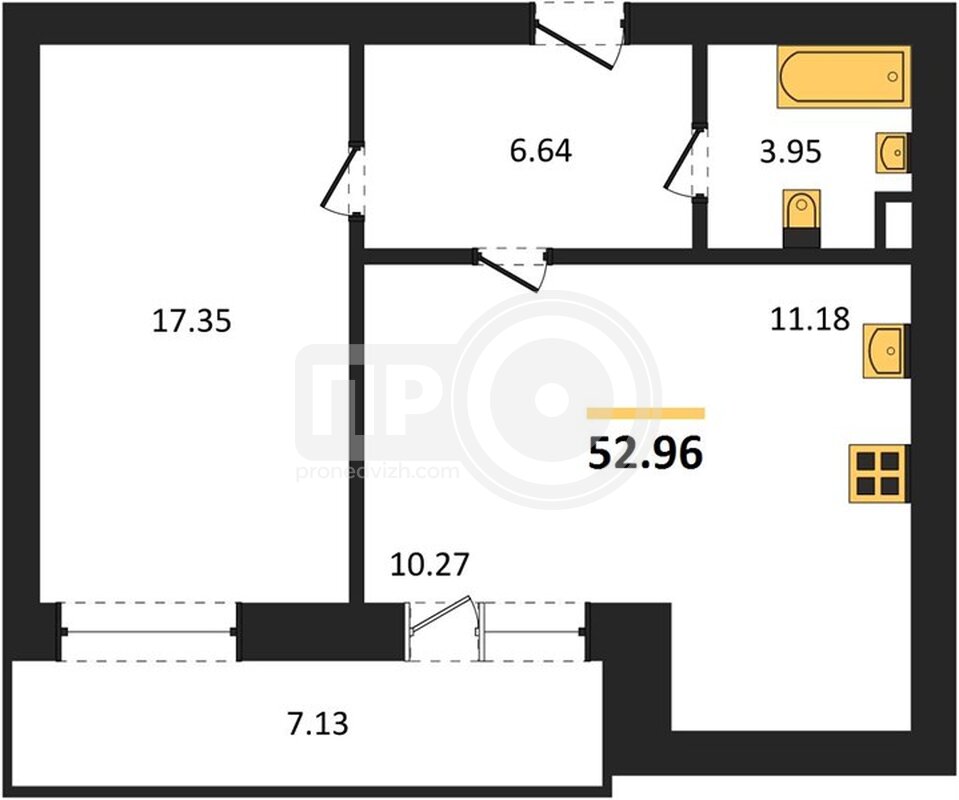 1-комнатная квартира, 52.96кв.м