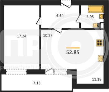 Миниатюра 1-комнатная квартира, 52.85кв.м