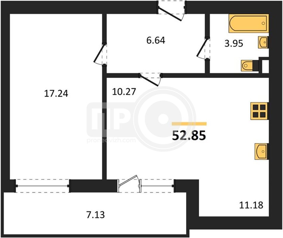 1-комнатная квартира, 52.85кв.м