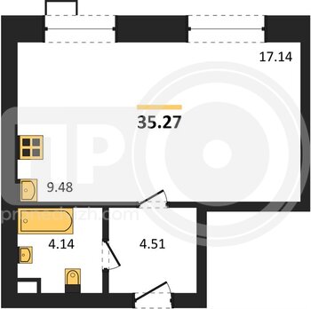 Миниатюра 1-комнатная квартира, 35.27кв.м