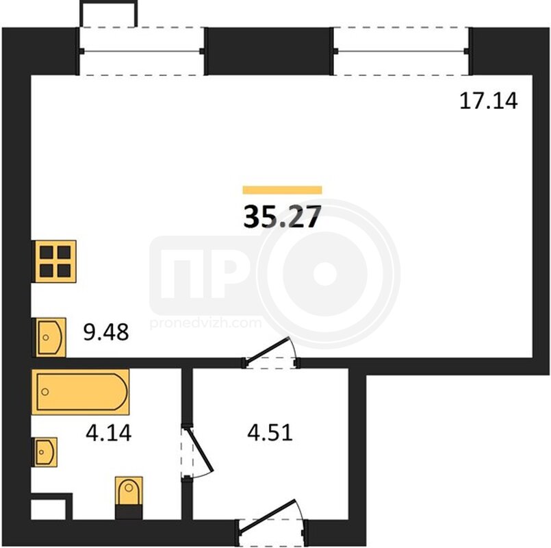 1-комнатная квартира, 35.27кв.м