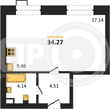 Миниатюра 1-комнатная квартира, 34.27кв.м