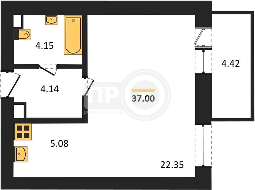 1-комнатная квартира, 37кв.м