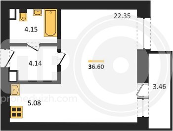 Миниатюра 1-комнатная квартира, 36.6кв.м