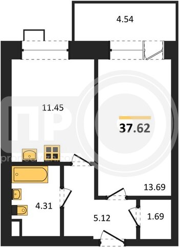 Миниатюра 1-комнатная квартира, 37.62кв.м