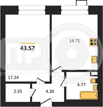 Миниатюра 1-комнатная квартира, 43.57кв.м