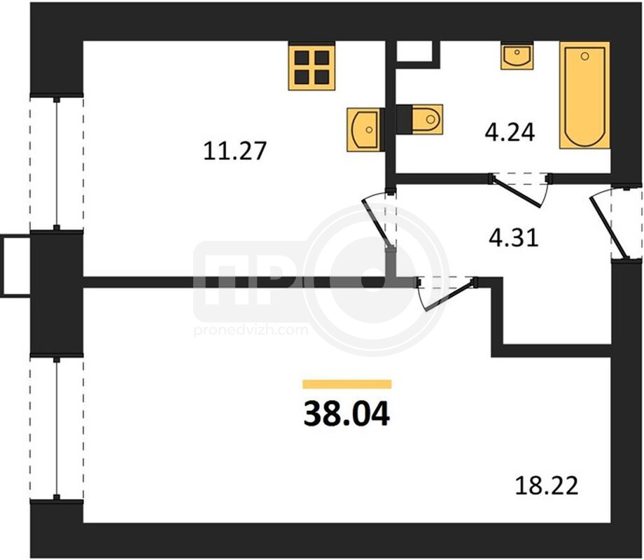 1-комнатная квартира, 38.04кв.м