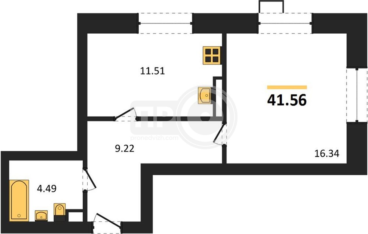 1-комнатная квартира, 41.56кв.м