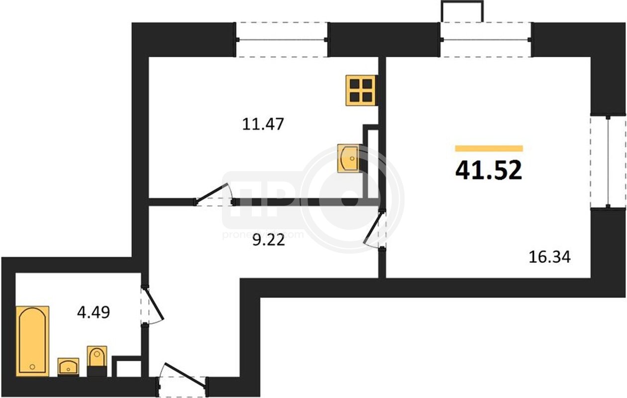 1-комнатная квартира, 41.52кв.м
